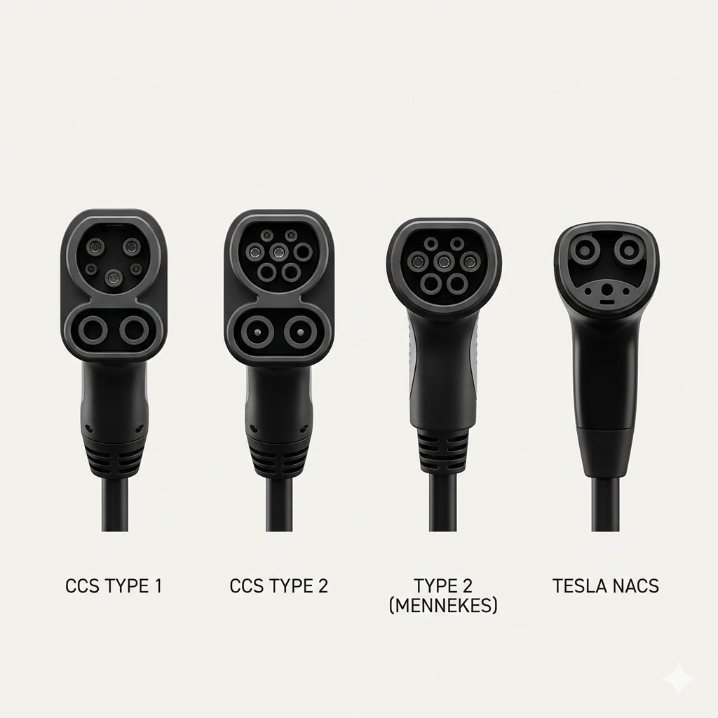 Technical front-view comparison of CCS Type 1, CCS Type 2, Type 2 Mennekes, and Tesla NACS plugs.