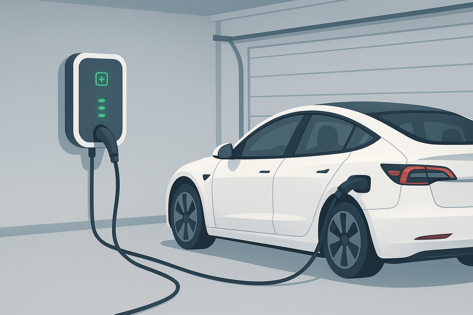 A modern electric car parked in a home garage, plugged into a standard wall power outlet (120V in North America). The charging cable looks small and basic, showing slow charging. The atmosphere is casual and everyday, emphasizing simplicity but also the limited charging speed.