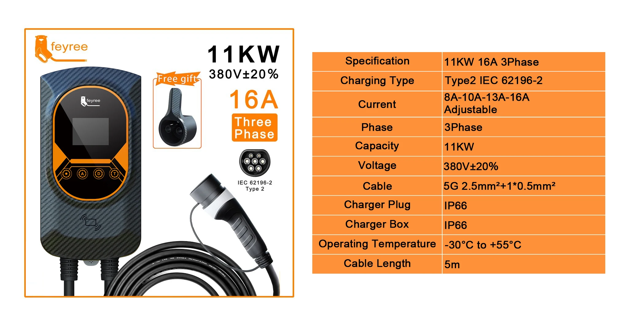 High-speed 11kW Three Phase Type 2 portable EV charger with 16A adjustable current and 5m cable for quick home charging.