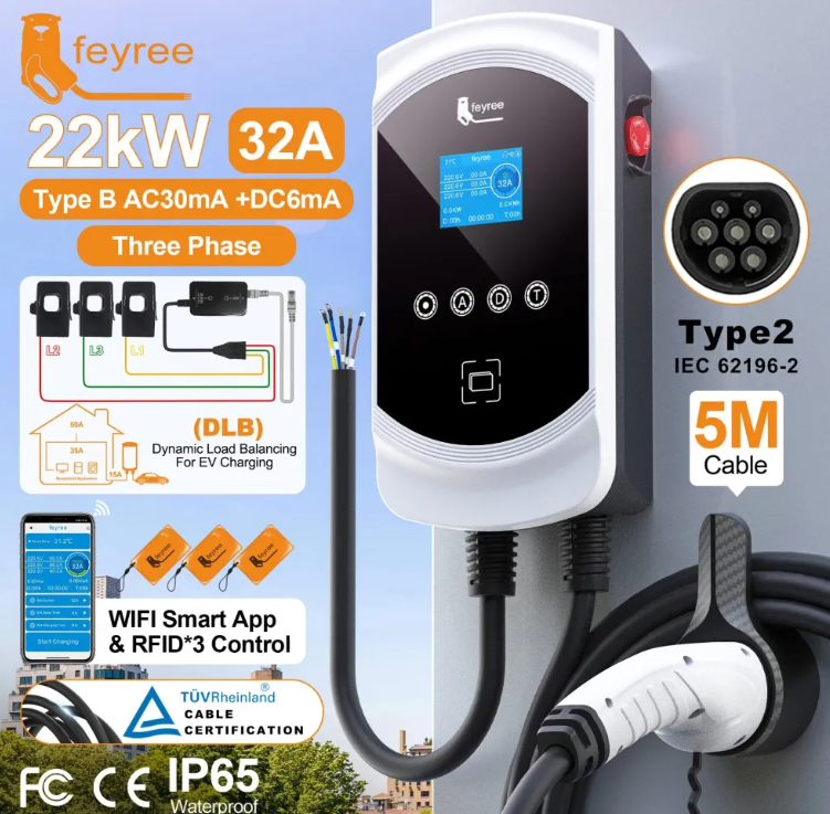 feyree EV Gemini Type 2 Charger: Dynamically Balanced Wallbox - 3-Phase Home Charging Station 22kW