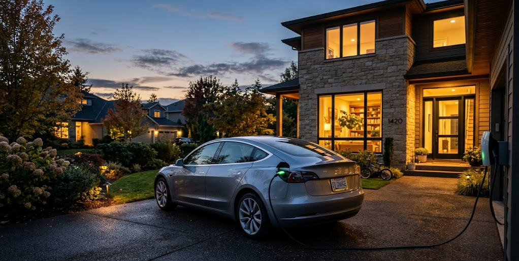An electric car charging in a suburban driveway at dusk, with warm house lights glowing behind.