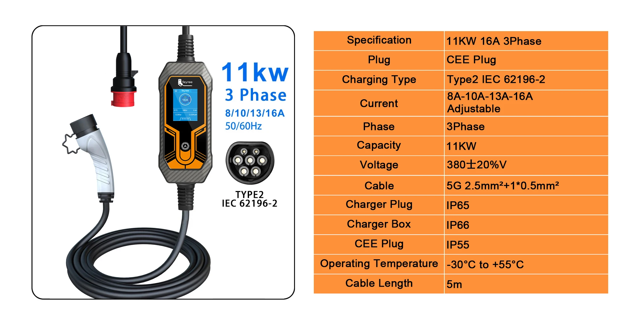 Durable 7.4kW 32A Type 2 portable EV charger for easy, reliable home and road trips.