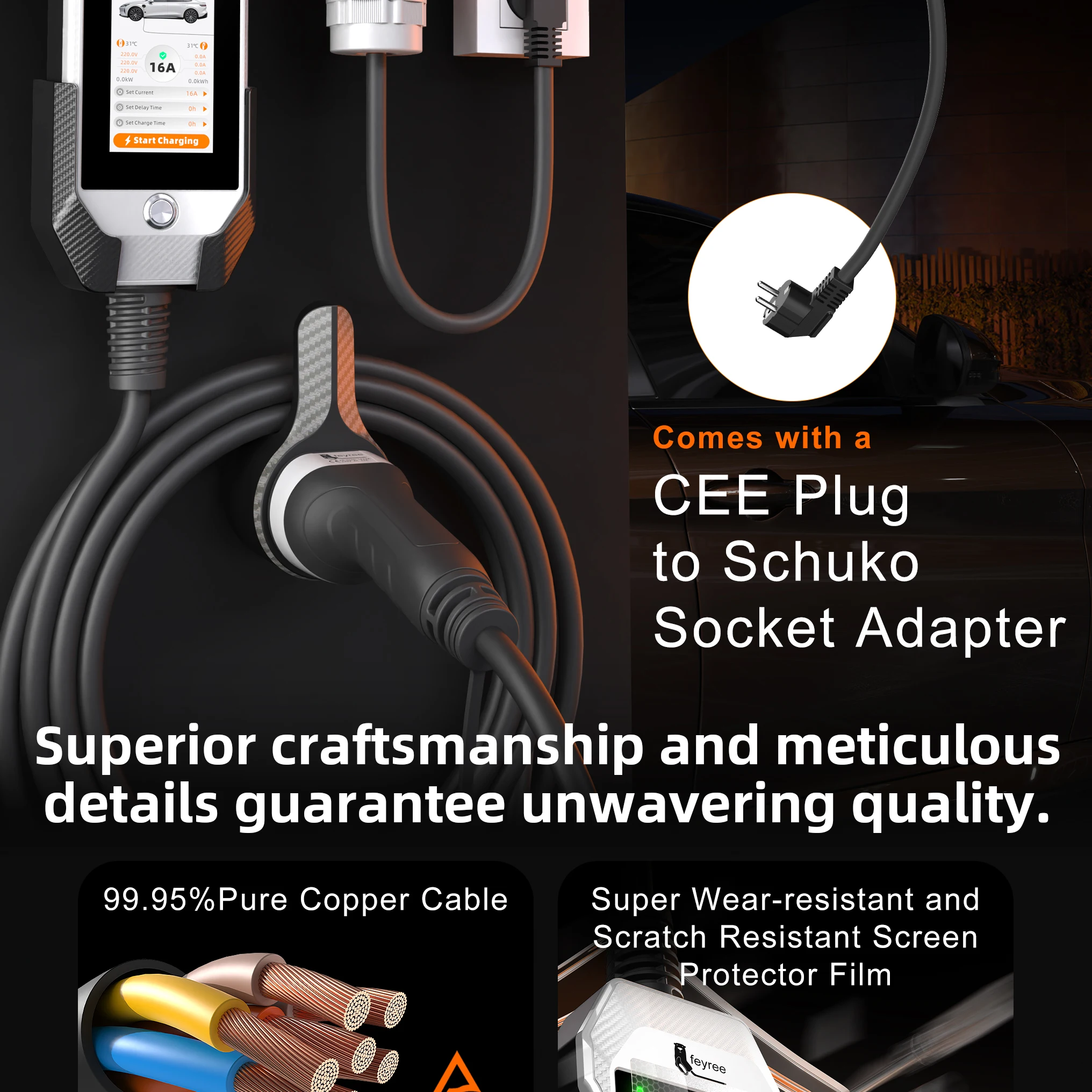Premium portable EV charger featuring 99.95% pure copper cable, scratch-resistant screen protector, and CEE to Schuko socket adapter for superior quality.