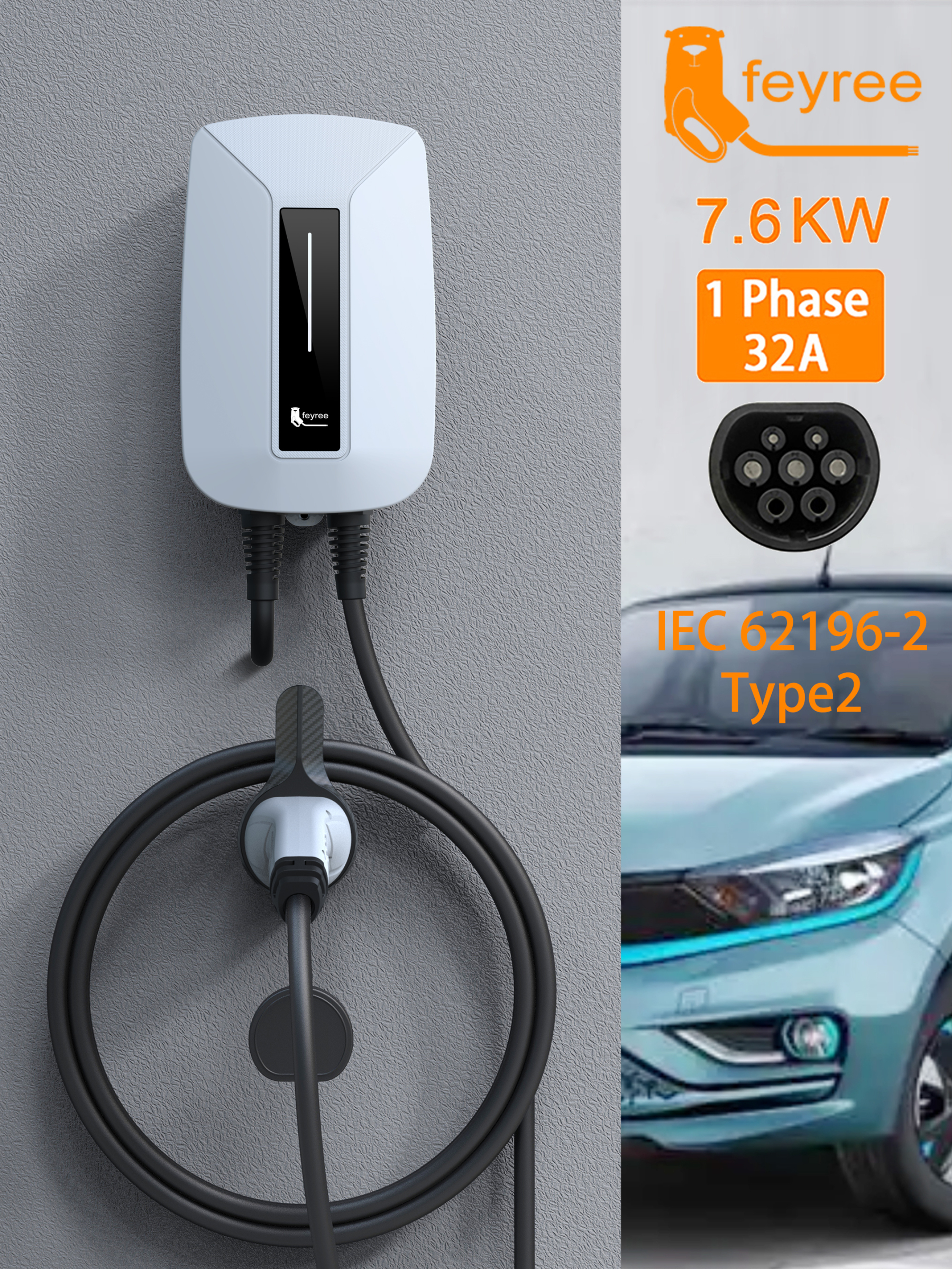 feyree EV Charger Type2 Plug EVSE Wallbox 32A 7KW IEC62196-2 Socket 1 Phase 5m Cable Wallmount Charging Station for Electric Car-feyree