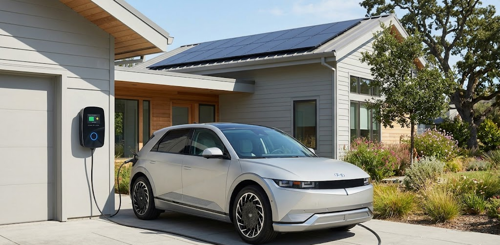 Electric vehicle charging at a modern wall-mounted smart station with rooftop solar panel integration.