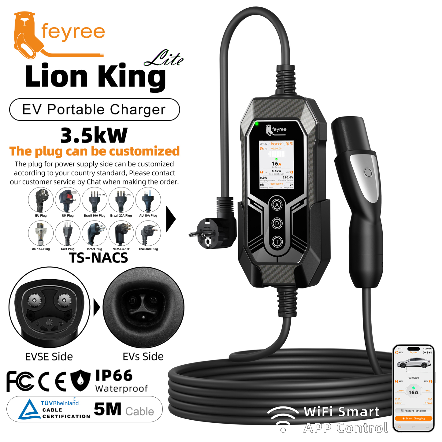 Feyree TS-NACS EV Charger 16A 3.5KW APP Control&OTA Upgrade&Charging Log EVSE Portable Charger for Tesla Car Models 3/Y/S/X