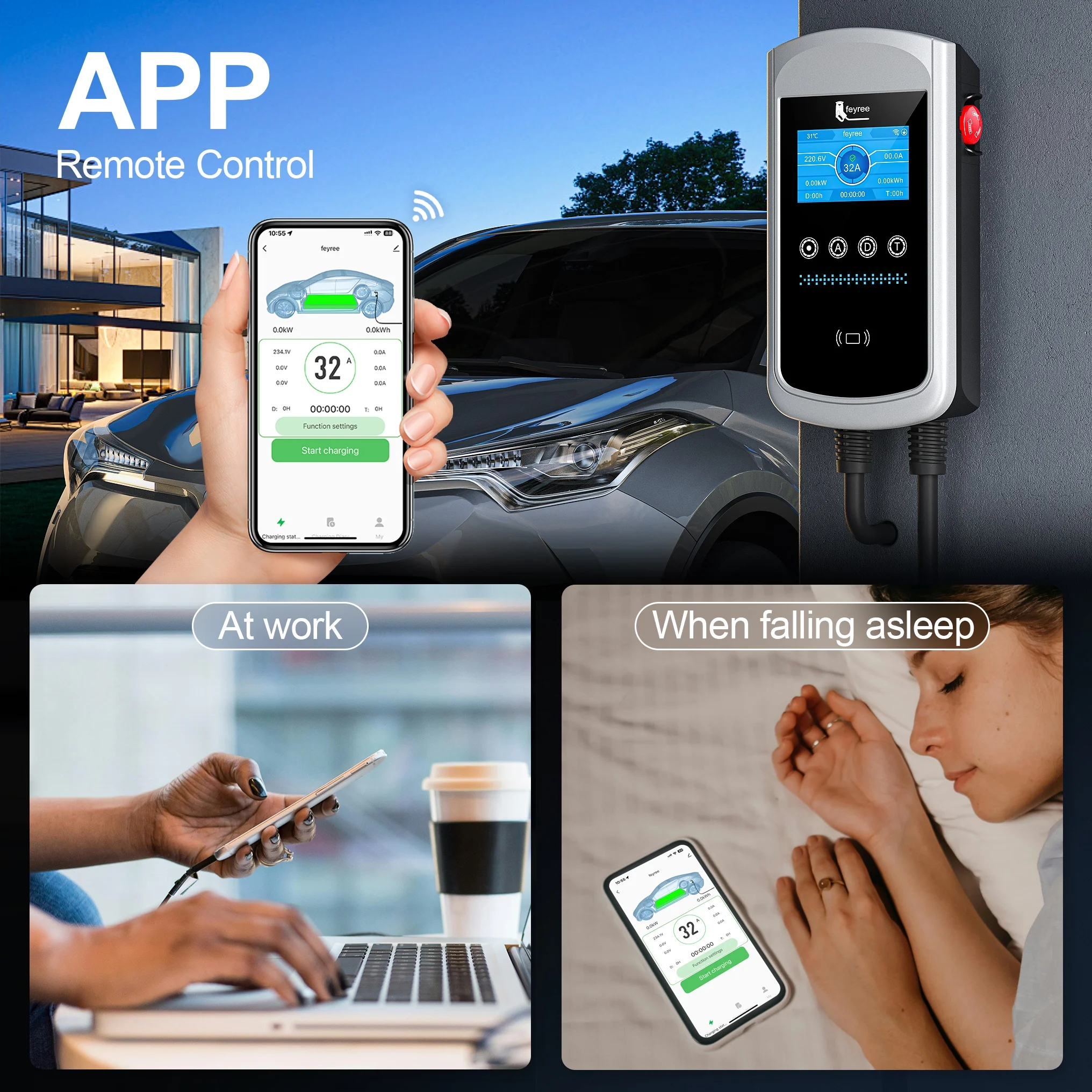Secure wallbox EV charger with RFID card access and mobile APP remote control for smart home charging management and enhanced safety.