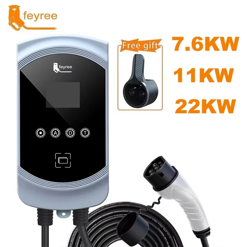 feyree Type2 EV Charger 32A 7.6KW 1Phase EVSE Wallbox 11KW 22KW 3 Phase Fast Charging Station 5m Cable for Electric Vehicle Car