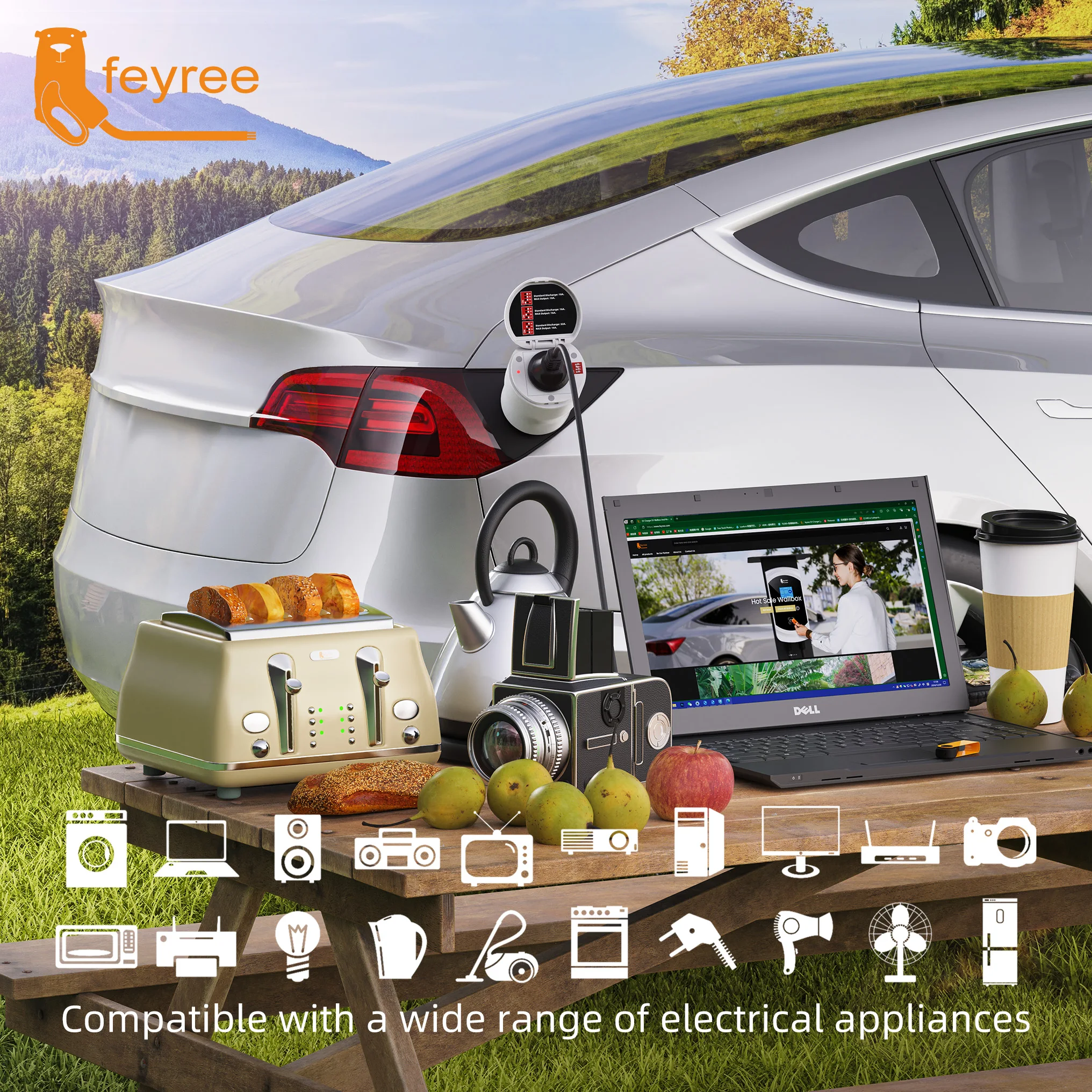 Your car becomes your power source. This smart EV charger comes with a Vehicle-to-Load (V2L) adapter, turning your electric vehicle into a portable power station. It's compatible with a wide range of electrical appliances, from your laptop and coffee maker to a toaster and kettle, giving you power wherever you are.