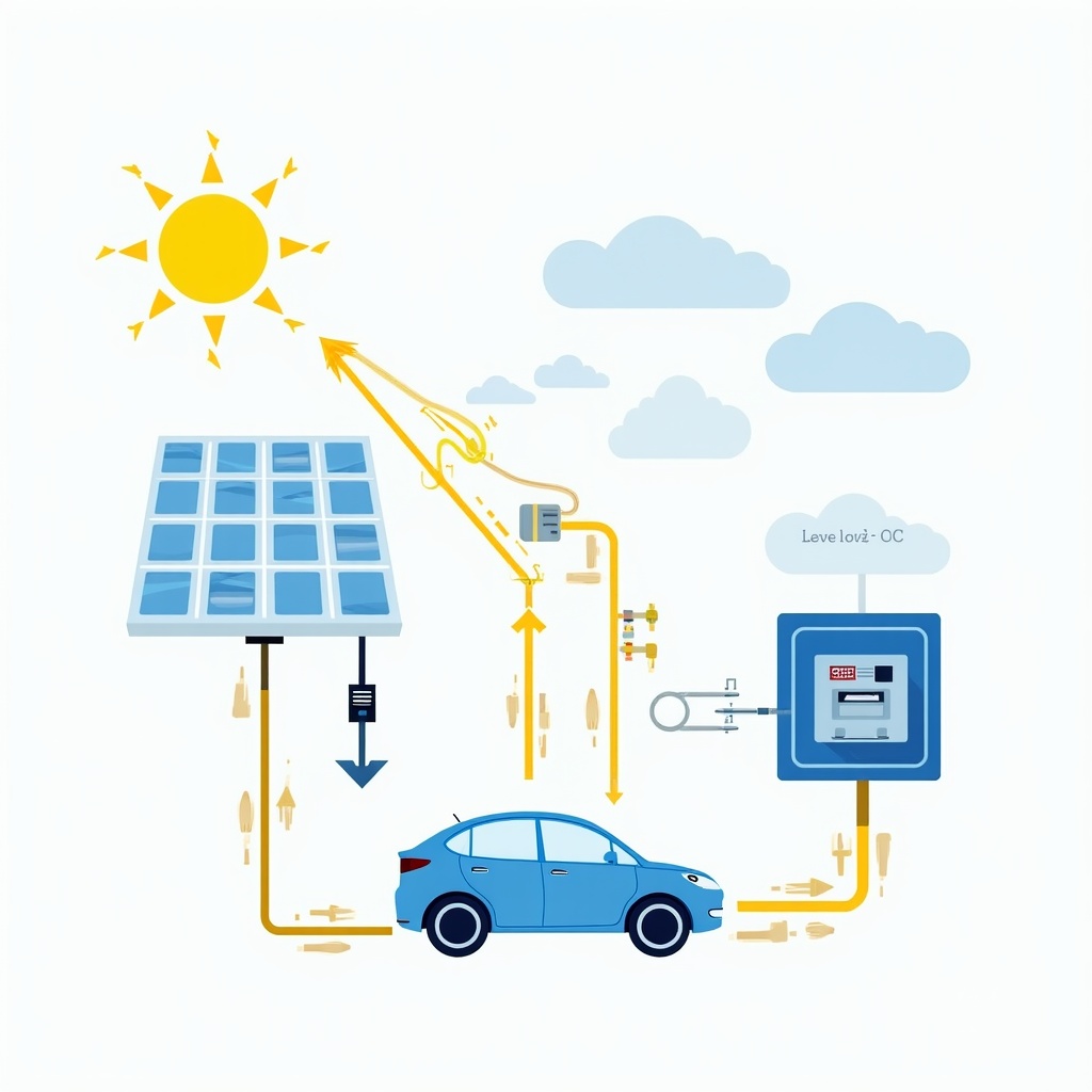 Smart EV charger diagram illustrating direct solar panel energy conversion for cost-effective, sustainable home charging.