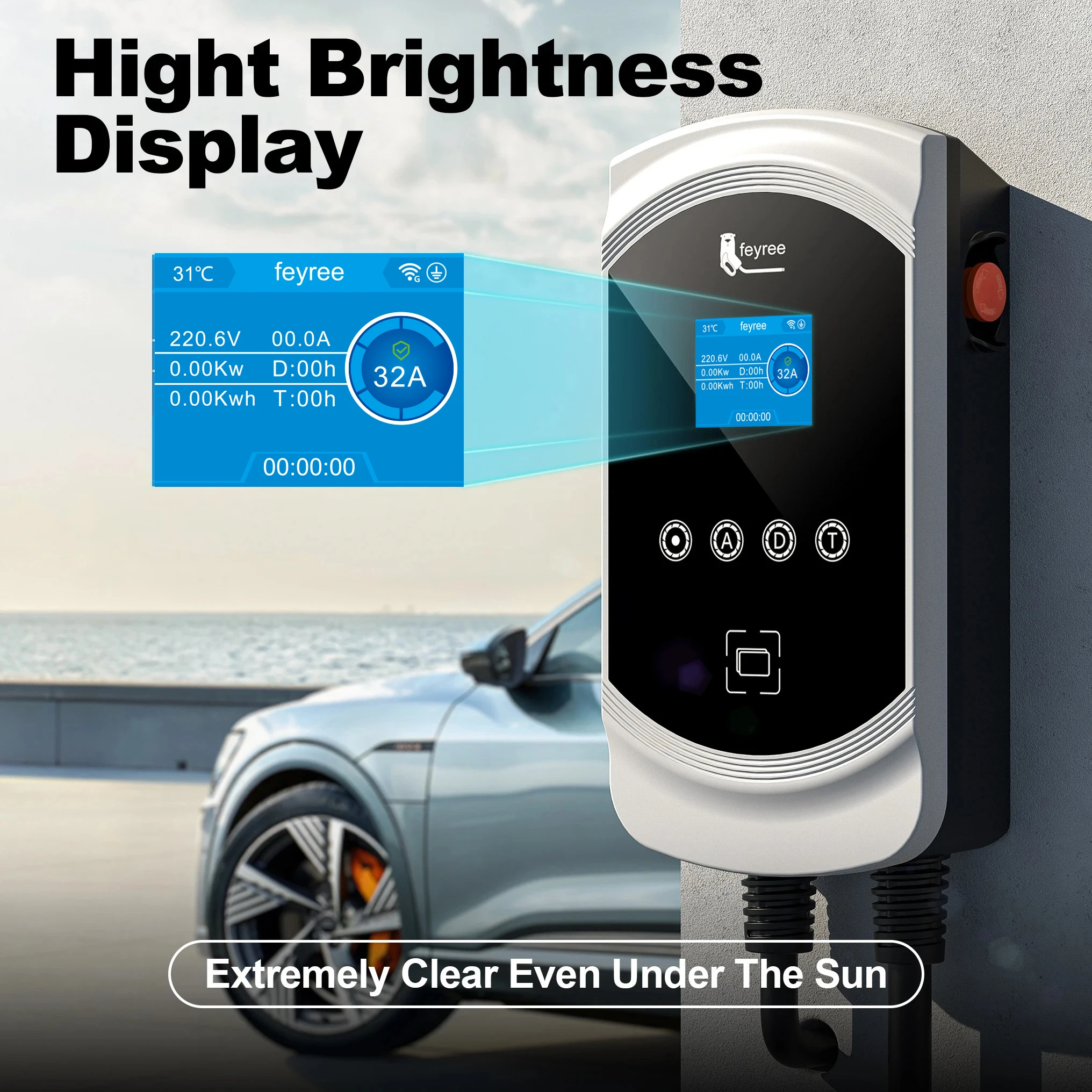 Durable 32A EV wallbox with high-brightness display providing clear charging status even in direct sunlight.