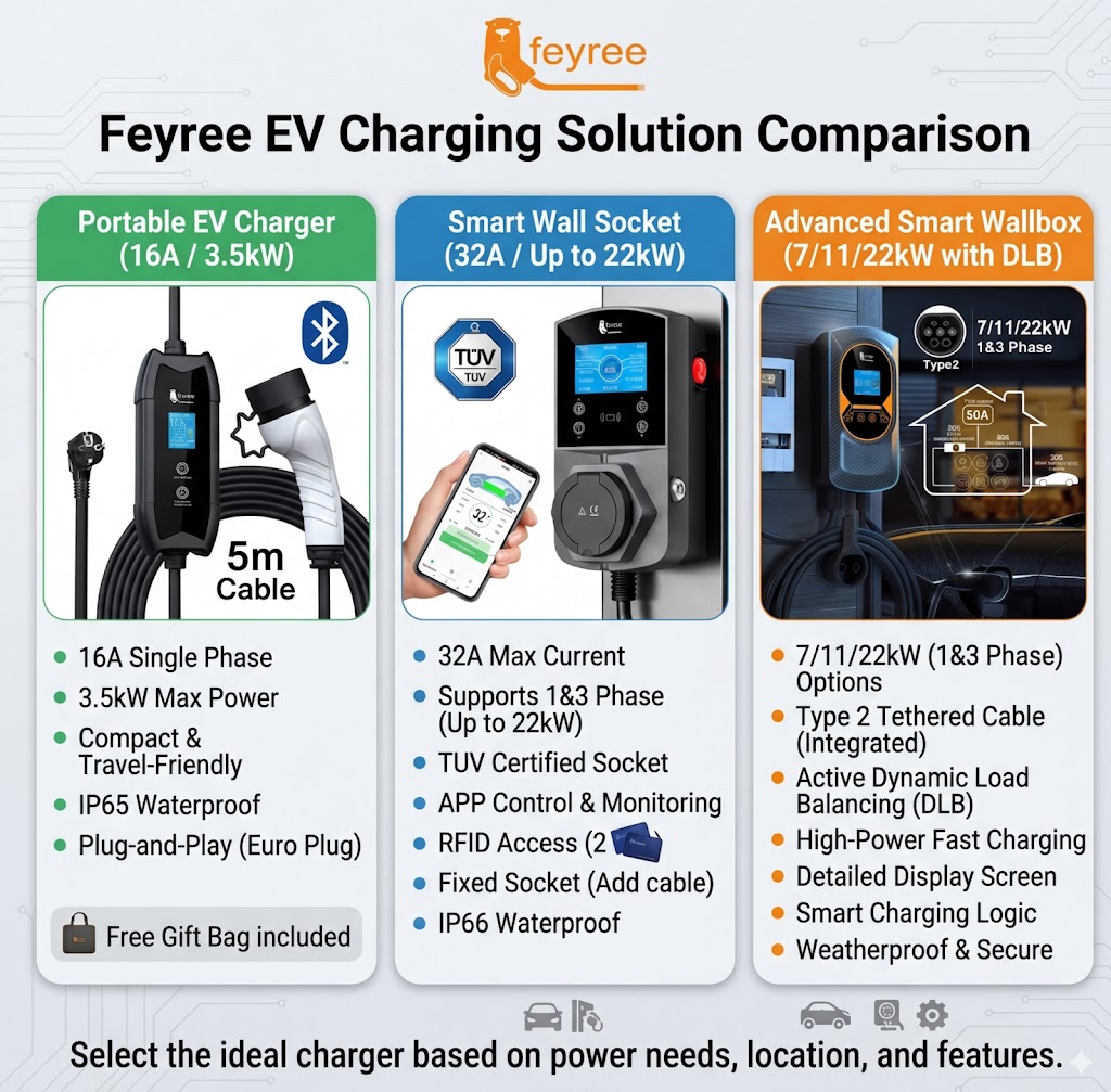 Comparison chart of Feyree EV chargers: Portable (3.5kW), Smart Socket (22kW), and Advanced Wallbox.