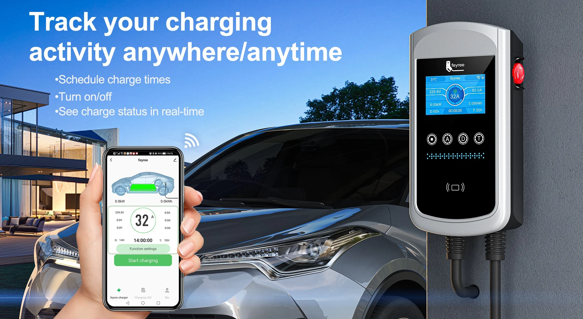 Secure wallbox EV charger with RFID card access and mobile APP remote control for smart home charging management and enhanced safety.