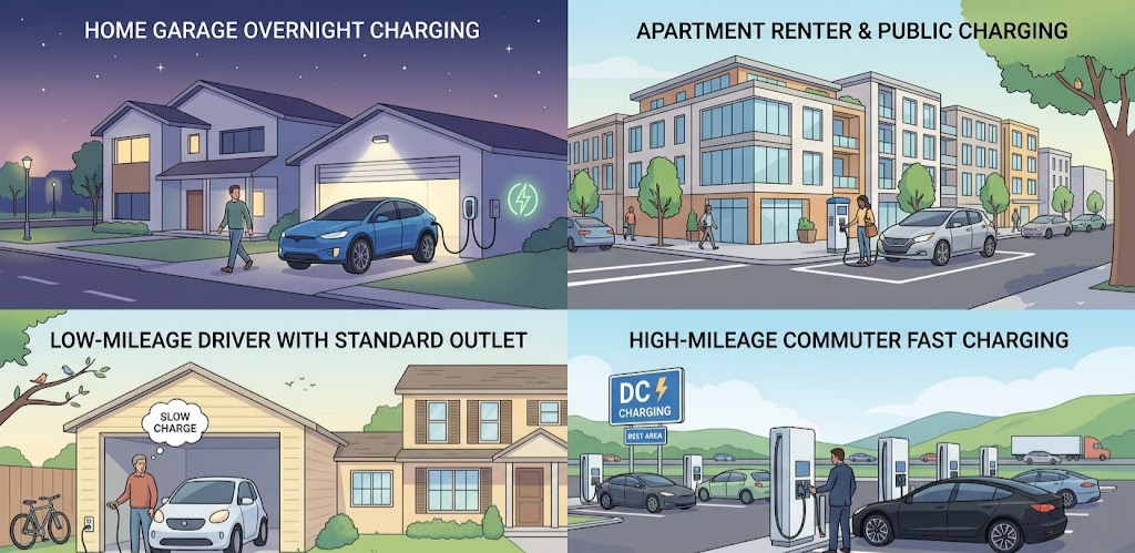 Four-panel illustration of EV charging: home garage, apartment renter, low-mileage, and commuter.