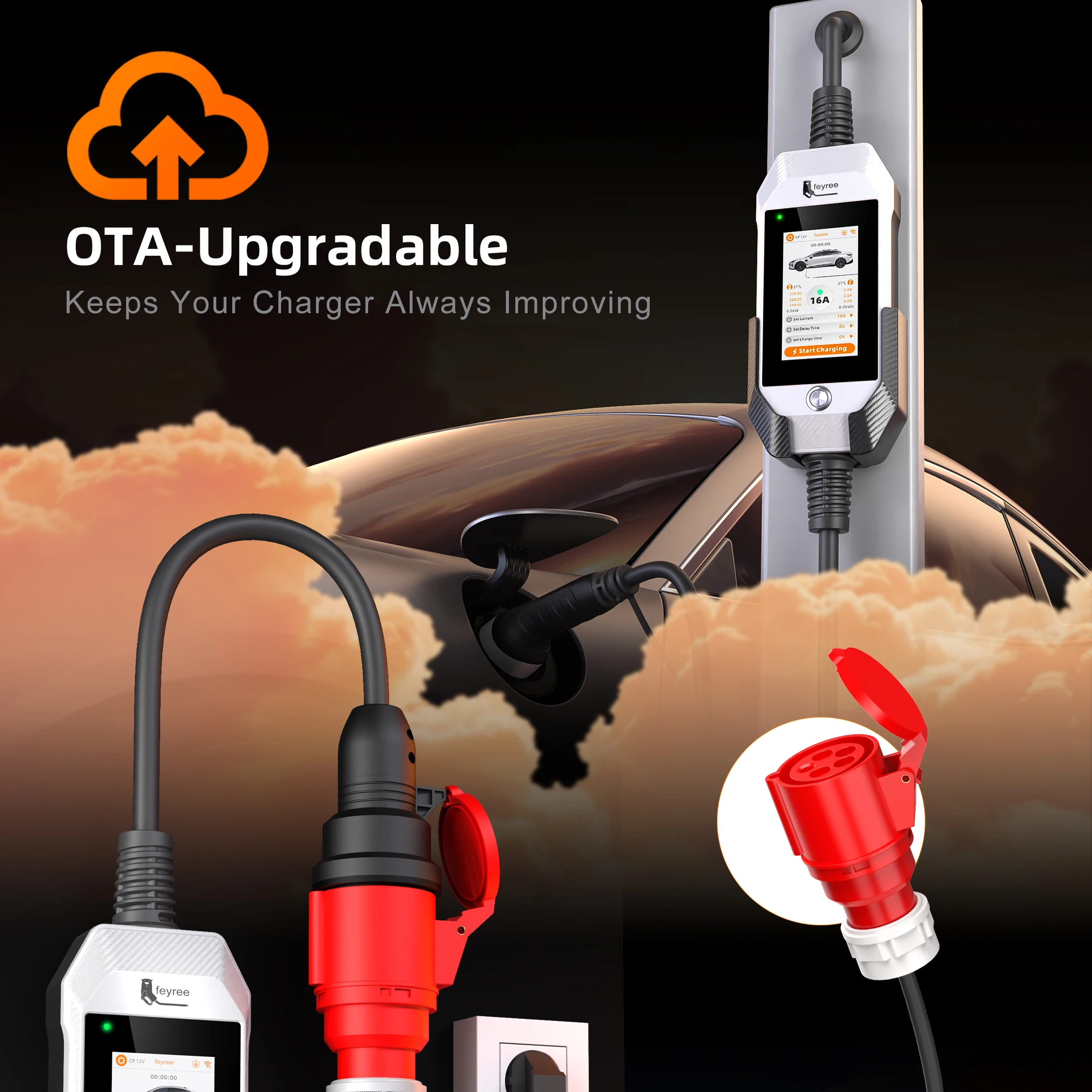 Portable EV charger with OTA-upgradable software, shown wall-mounted and connected via a red industrial plug for continuous, future-proof performance.