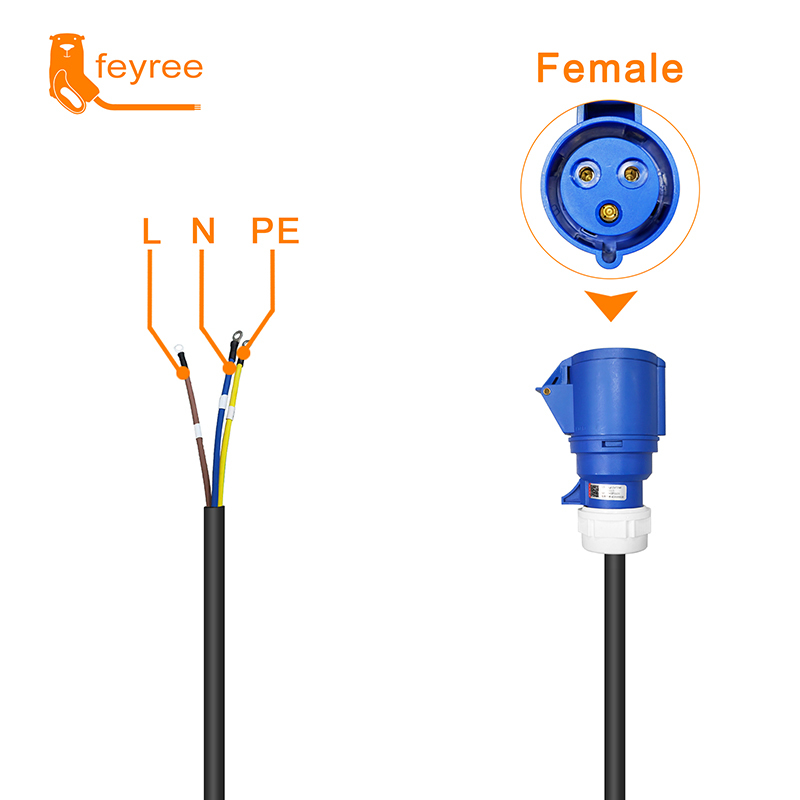 Blue CEE female plug and cable with L, N, PE wiring for safe, durable DIY EV charging solutions.
