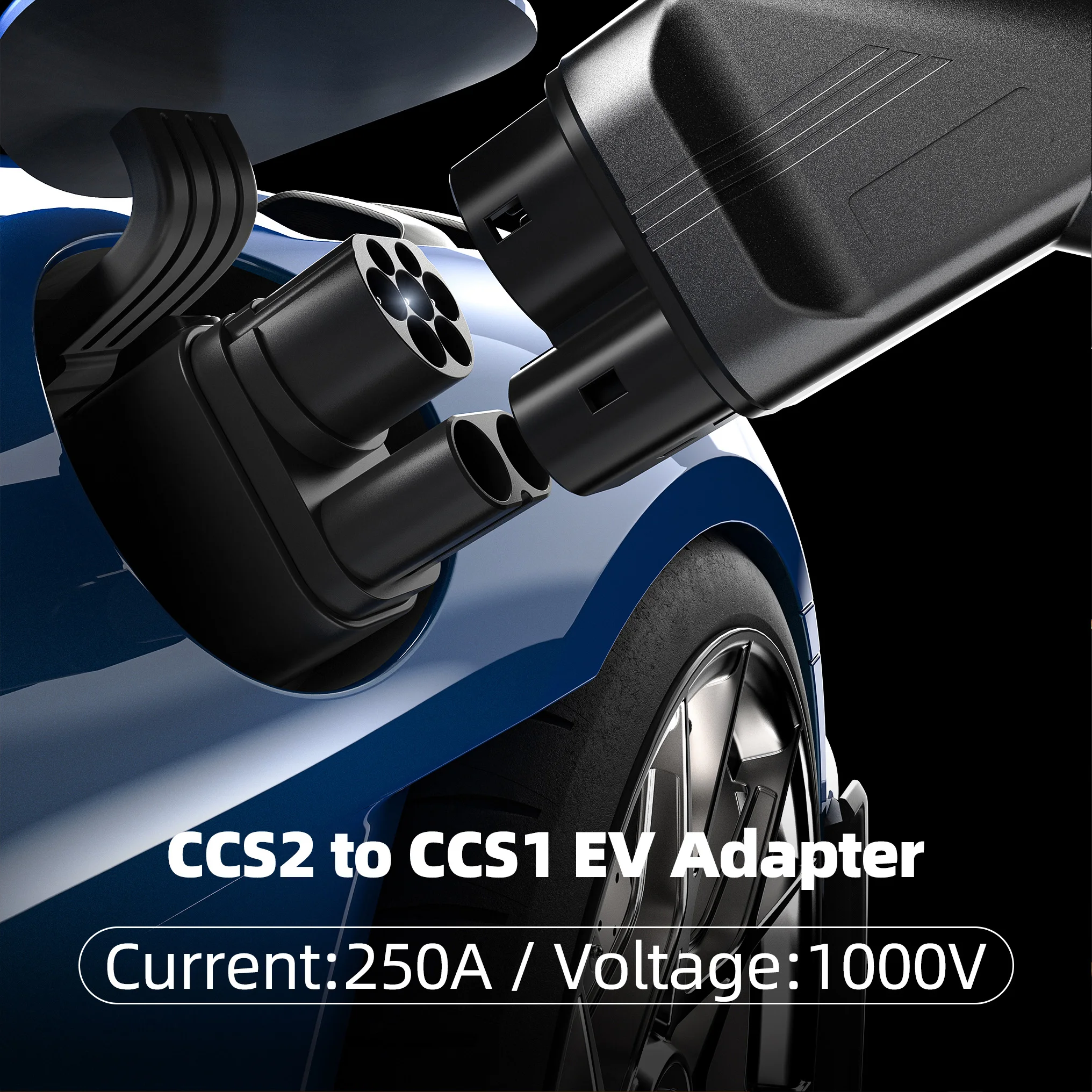 CCS2 to CCS1 EV charging adapter plugged into a blue car, delivering 250A 1000V DC fast charging reliability.