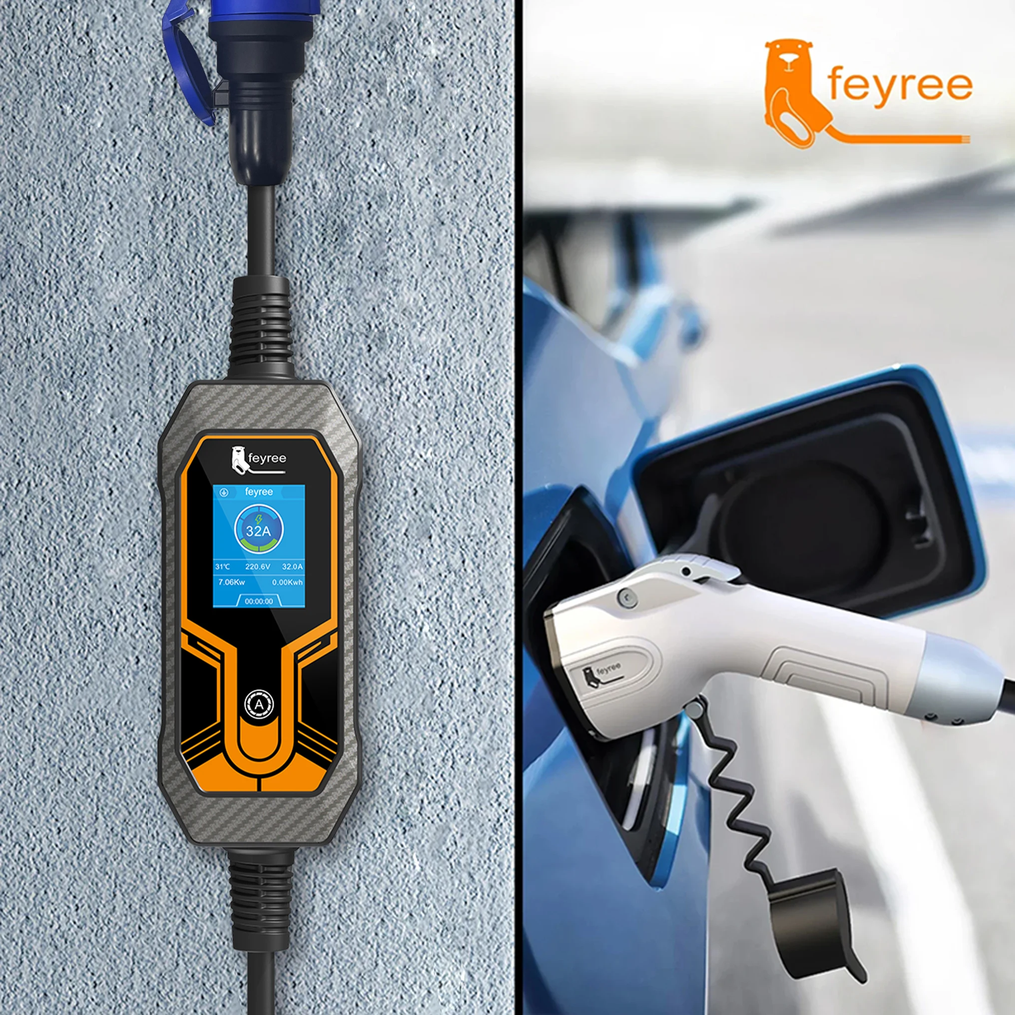 feyree 7kW 32A portable Type 1 EV charger wall-mounted and connected to an electric car for outdoor driveway charging.