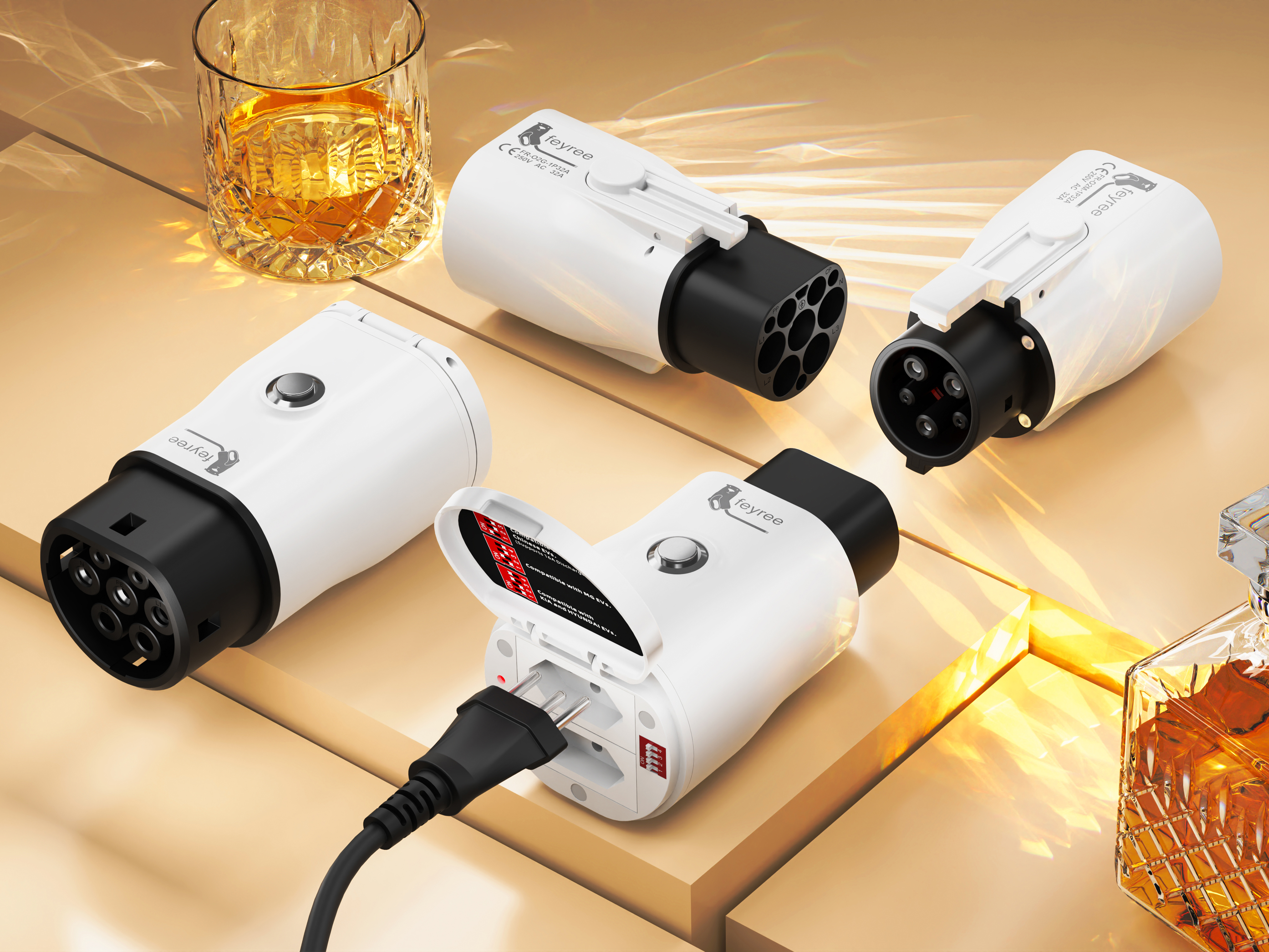 White, compact portable EV adapters including Type 1 to Type 2 conversion, offering convenient travel charging and universal compatibility for electric vehicles.