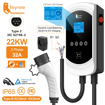 feyree EV Charger Type2 Dynamic Load Blancing Wallbox 7.6KW 11KW 22KW 