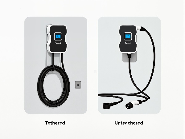 Side-by-side comparison of tethered vs untethered EV chargers, showing a wall-mounted charging unit with fixed cable and another with detachable plug.