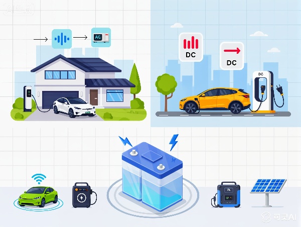 An educational infographic summarizing AC vs DC EV charging. Show AC charging at home (slower, onboard conversion) and DC charging 