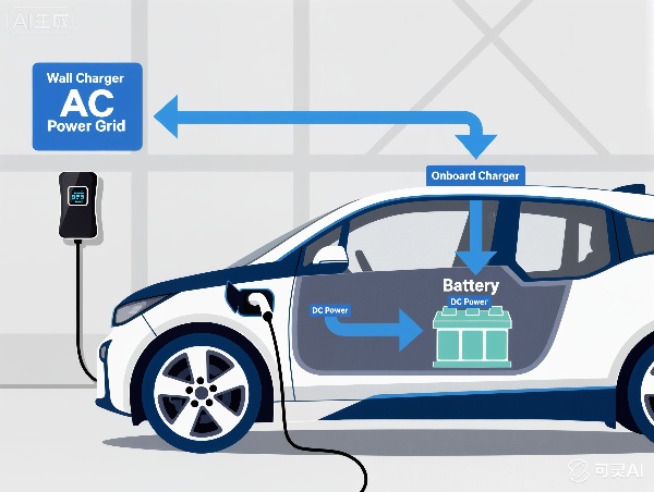 Illustration of an EV plugged into an AC charger at home. The diagram shows electricity from the grid (AC) going into the car, passing through the onboard charger, then converted into DC for the battery. Include clear arrows and labels. Modern vector style.