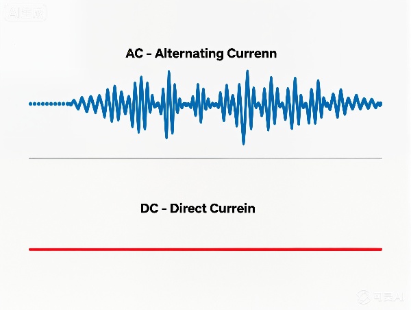 A simple infographic showing the difference between AC electricity (a sine wave oscillating back and forth) and DC electricity (a straight line flow). Clear labels: "AC &ndash; Alternating Current" and "DC &ndash; Direct Current". Clean, modern, and easy-to-understand educational style.