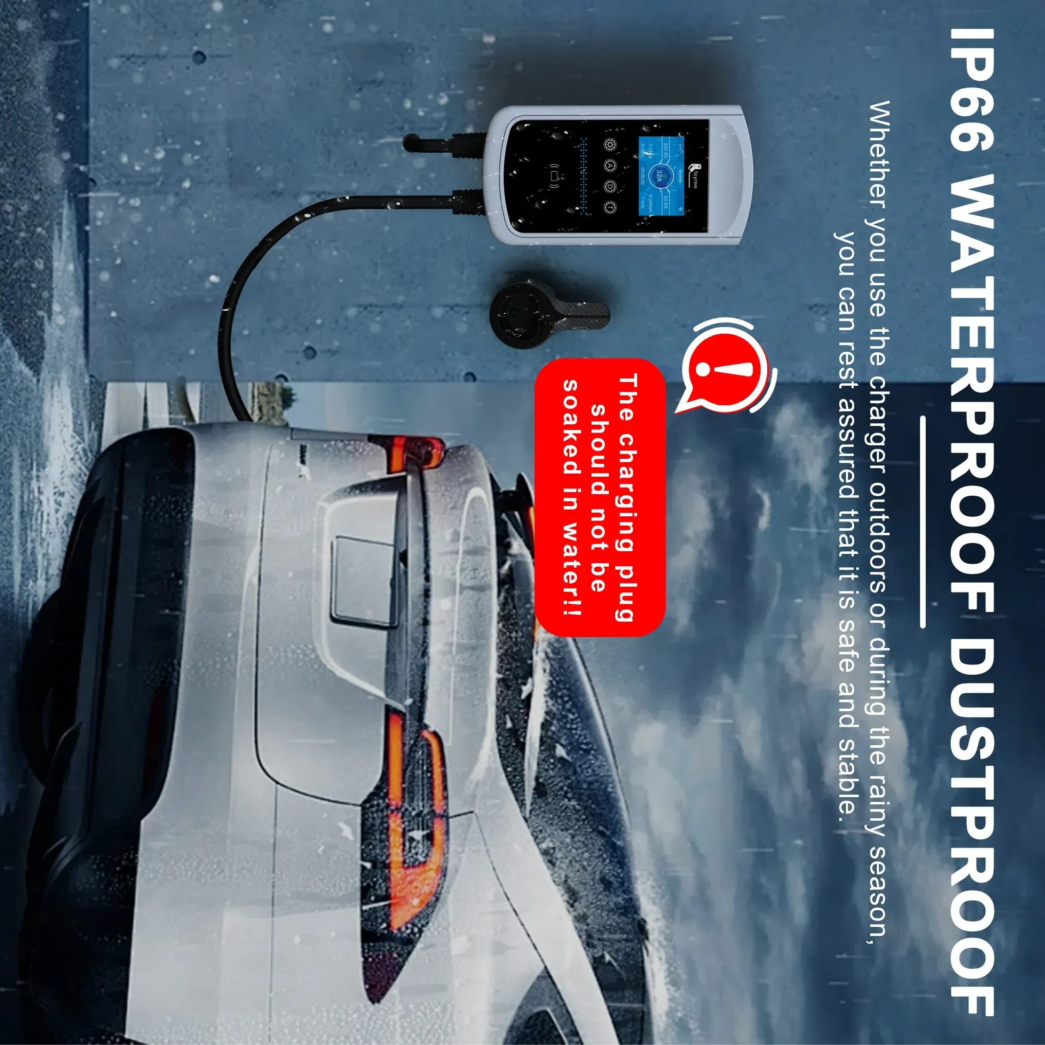 IP66 waterproof and dustproof EV charger used outdoors in the rain.