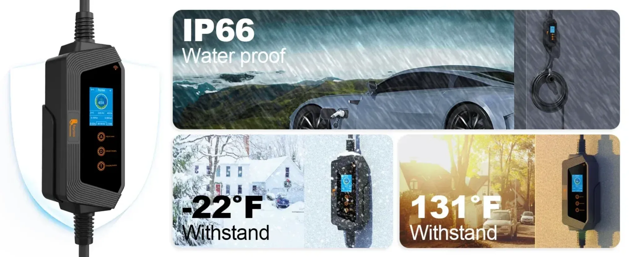 EV charger with IP66 waterproof rating, multiple protections including overvoltage, overcurrent and overheating safety