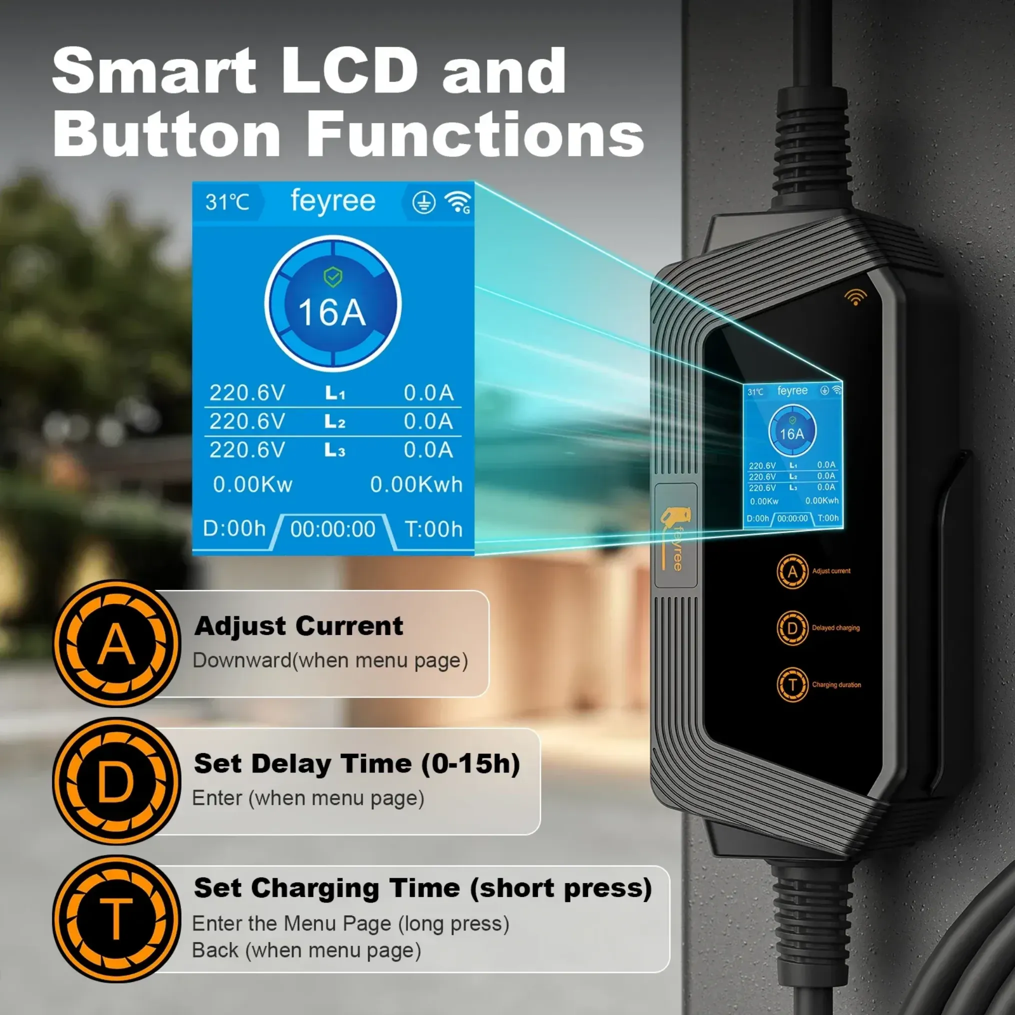 EV charger with smart LCD display and button functions for adjusting current, setting delay time, and charging schedule.