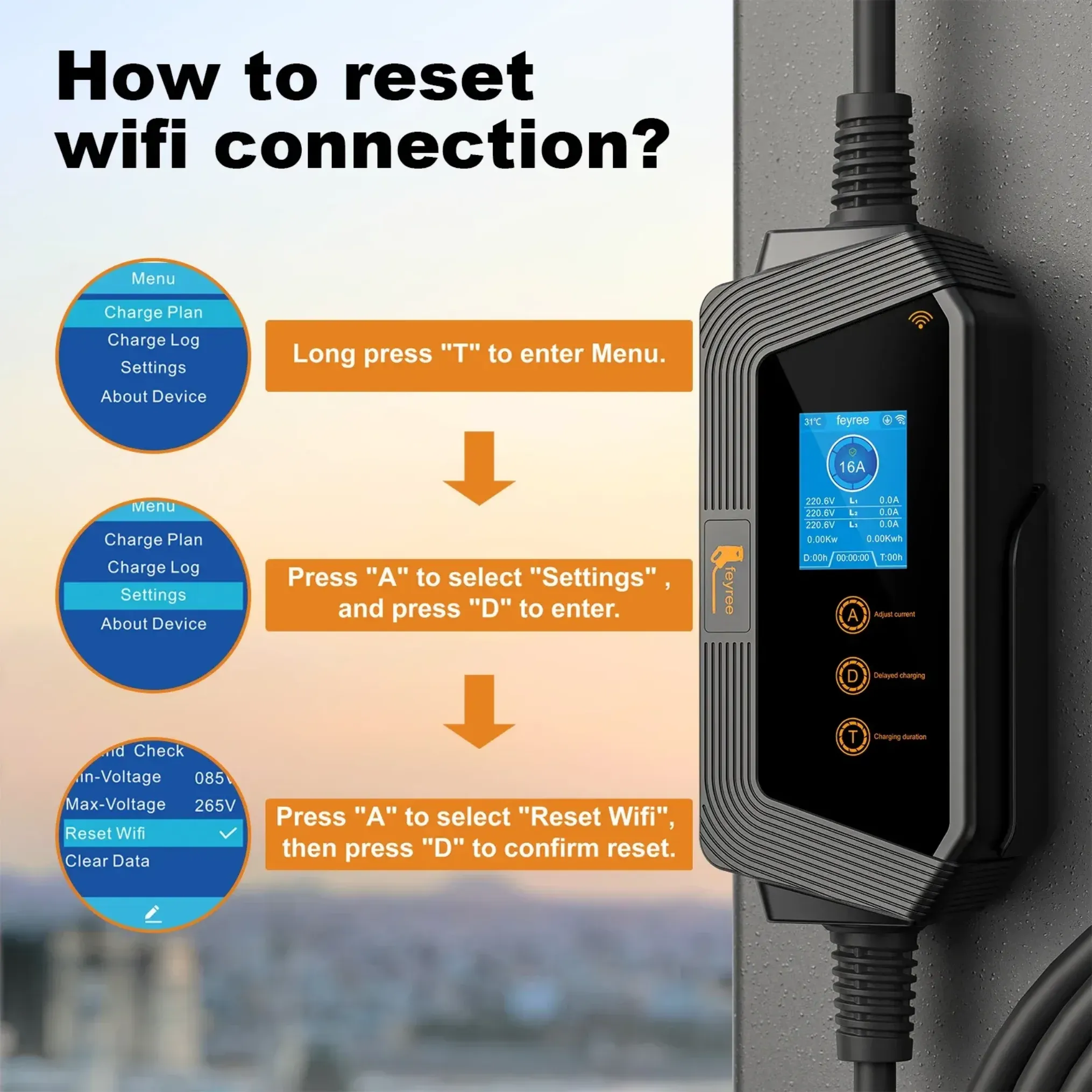 Portable EV charger screen showing step-by-step guide to reset WiFi connection through menu and settings options.