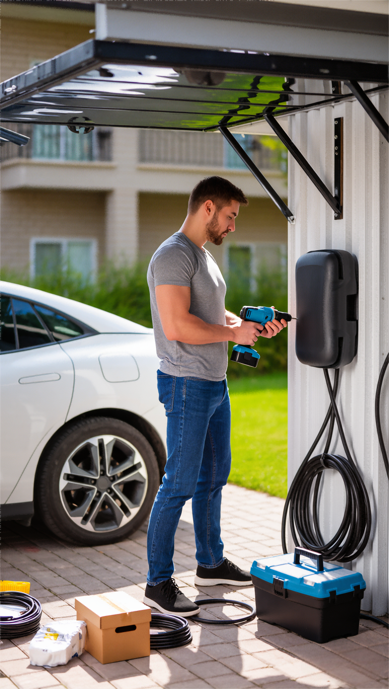 A man is installing a home electric vehicle charging station on the wall of a garage. He is using a power drill, with tools, cables, and boxes placed on the ground nearby. A white electric car is parked next to him.