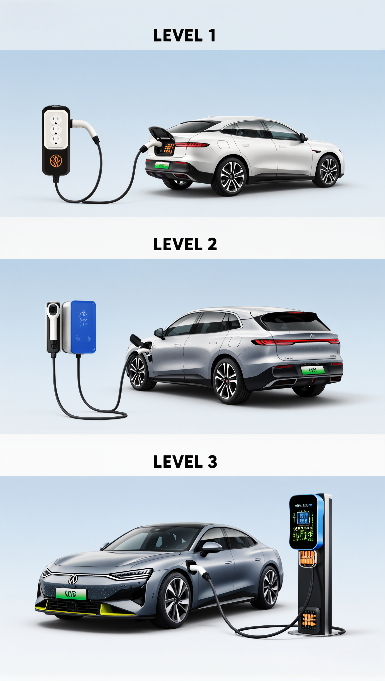 Comparison of three EV charging levels: Level 1 home outlet, Level 2 wall charger, and Level 3 DC fast charger.