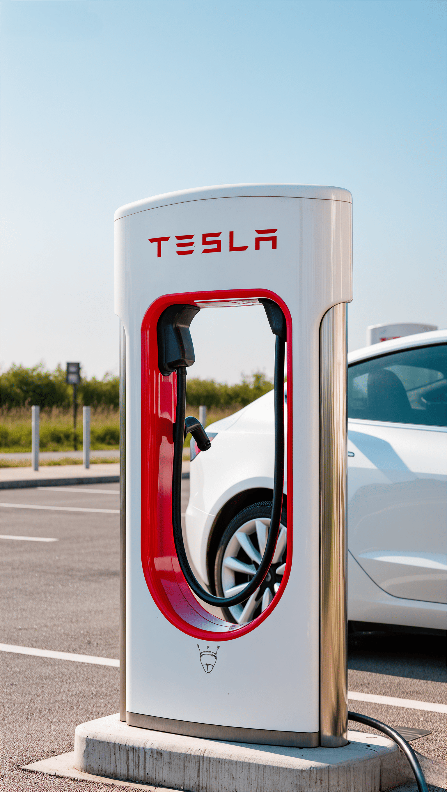 A Tesla Supercharger station with a white and red design. The charging port is visible on the front of the station, and a Tesla car is parked beside it. 