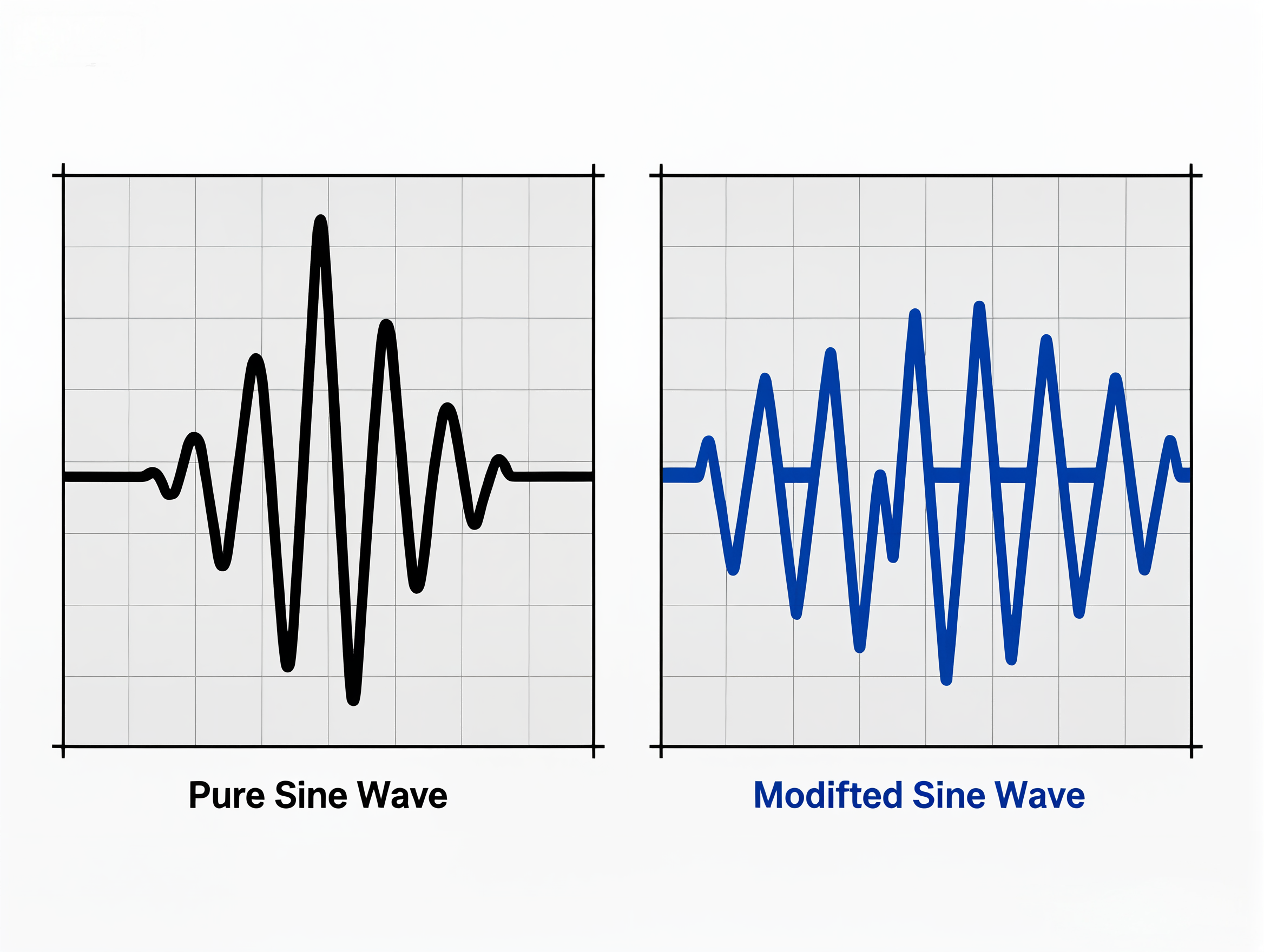 Comparison of Pure Sine Wave (smooth, continuous wave) and Modified Sine Wave (stepped waveform), showing the difference in waveform shapes for electrical power.