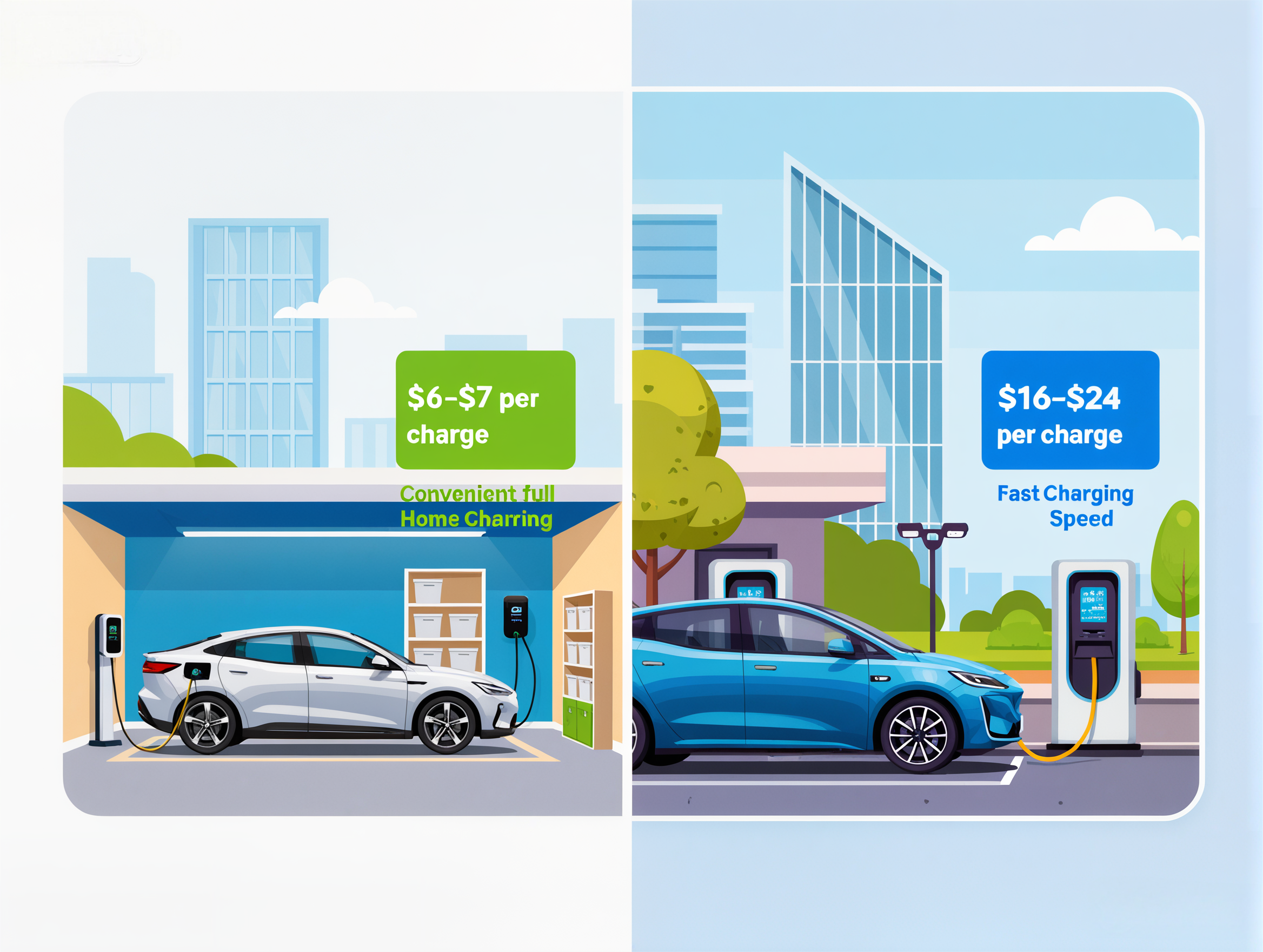 A split-screen graphic comparing home and public EV charging. The left side shows a white EV charging in a garage, with a text box that says "$6-$7 per charge" and "Convenient full Home Charging." 