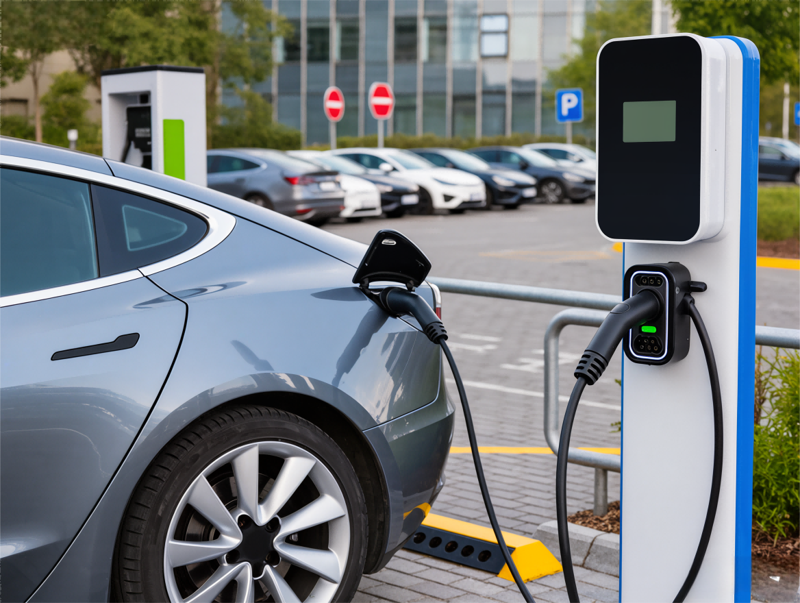 Electric car plugged into a public charging station in a parking lot, showing the vehicle connected to an EV charger with modern charging infrastructure in the background.