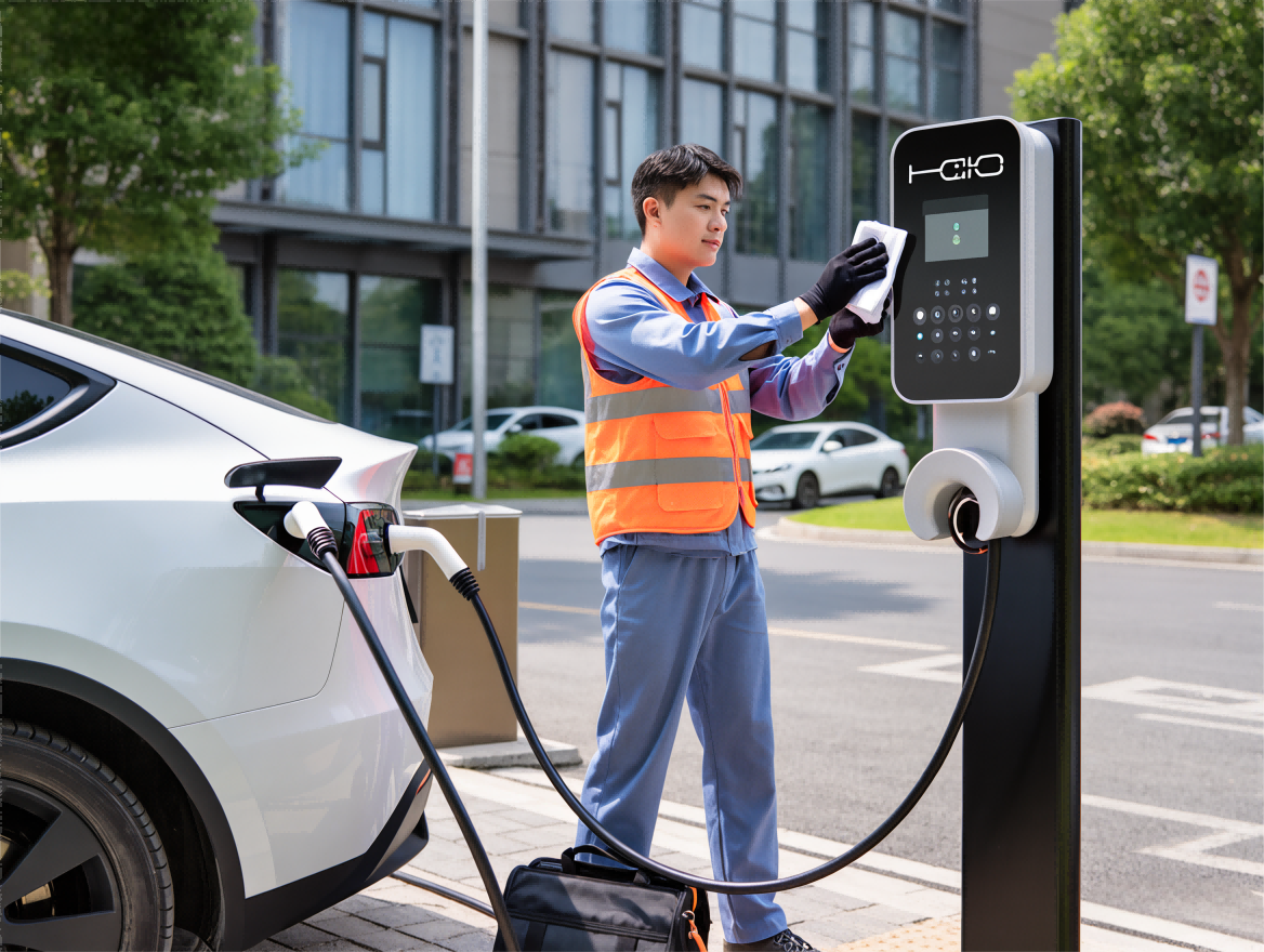 A male technician in an orange vest and blue jumpsuit is wiping the screen of a black electric vehicle charging station with a cloth. He is standing next to a white electric car that is charging, with the charging cable connected to the vehicle. The technician is wearing black gloves and appears to be performing maintenance or cleaning on the charging equipment. The background shows a city street and some modern buildings.