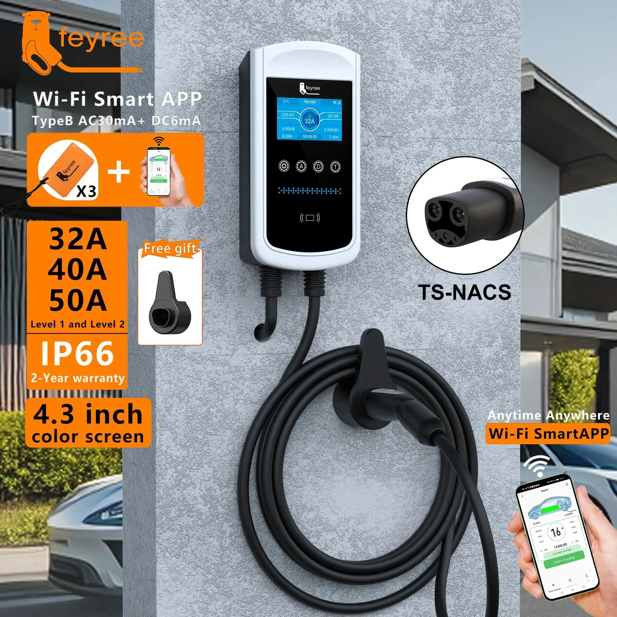 smart EV charger with Wi-Fi app control, 32A 40A 50A adjustable charging, IP66 waterproof wallbox with 4.3 inch color screen for electric vehicles