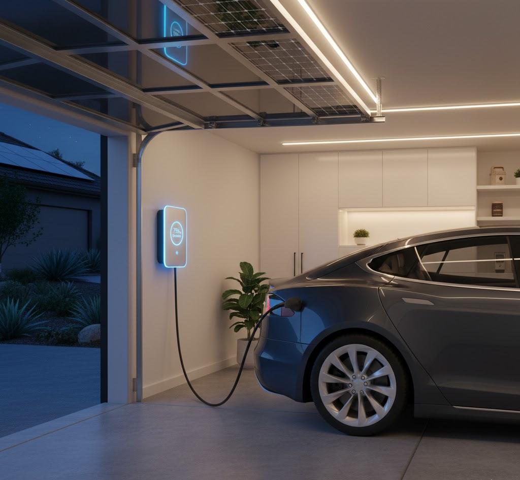 Smart home EV wall charger installation in a modern garage, providing effortless and reliable overnight charging for electric cars.