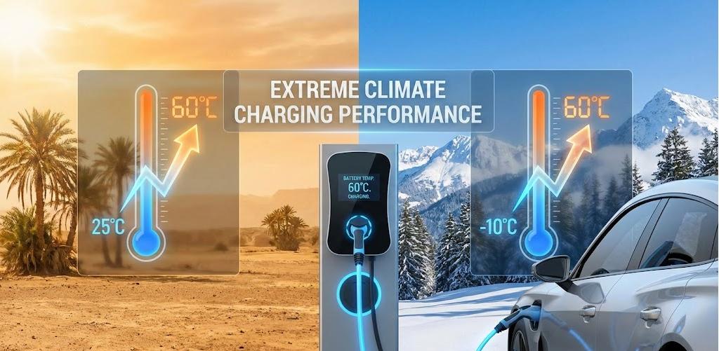 Split image of an EV charger and electric car in extreme climates: hot desert (25°C to 60°C) and snowy mountains (-10°C to 60°C). Overlays show temperature indicators, highlighting extreme climate charging performance.