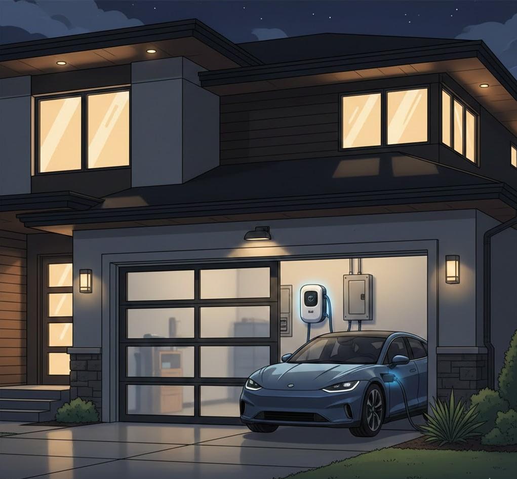 White home wallbox EV charger installed in a modern suburban home's garage, providing convenient Level 2 charging for a blue electric vehicle.
