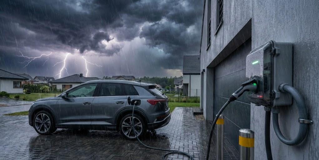 Weatherproof Type 2 wallbox home charger providing safe, reliable fast charging for electric vehicles during extreme rain storms.