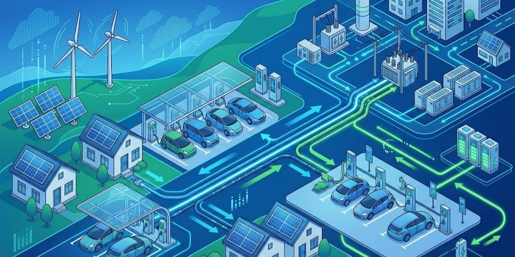 Smart home wallbox and public fast charging stations providing reliable, high-speed power for electric vehicles in a sustainable ecosystem.