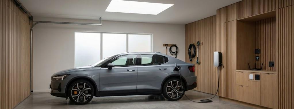 Sleek wallbox EV home charger with long integrated cable, providing fast, reliable charging for electric vehicles in modern garages.