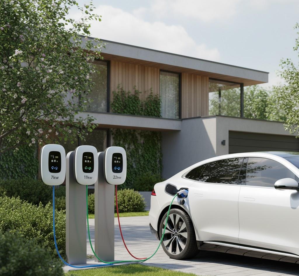 Home EV charging setup showing 7kW, 11kW, and 22kW chargers for electric vehicles in a modern European house driveway, highlighting power and speed differences.