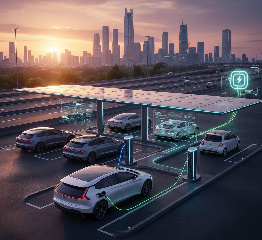  High-speed DC EV charging station with solar canopy and smart displays for reliable public charging.
