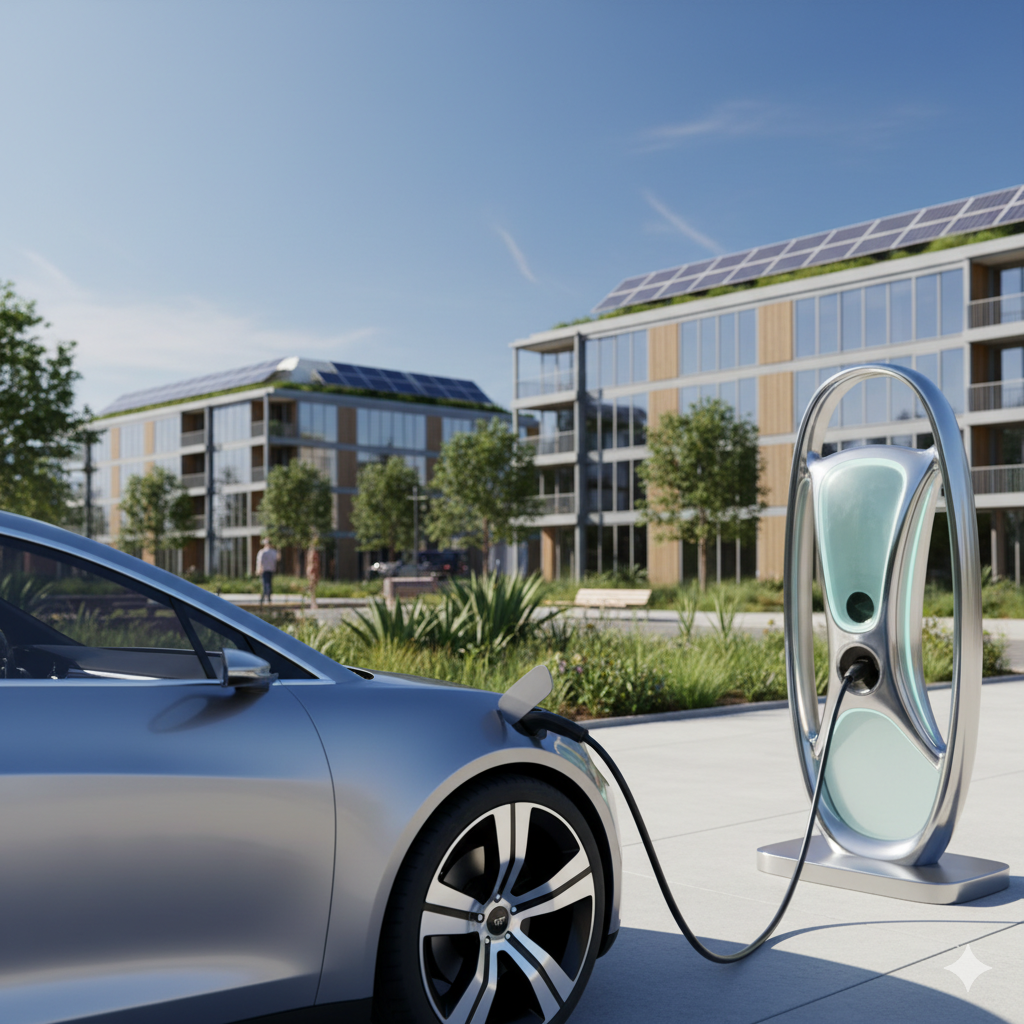 Witness tomorrow’s urban oasis: a sleek electric car gracefully recharges at a stunning, futuristic station, powered by sun-kissed buildings adorned with gleaming solar arrays. A vibrant testament to sustainable living and cutting-edge design.