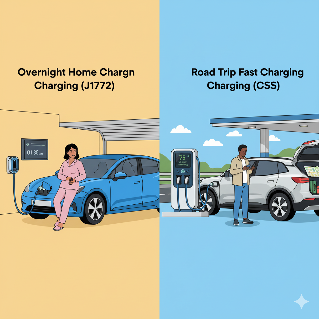 Illustration comparing convenient J1772 overnight home charging with ultra-fast CCS road trip charging for complete EV flexibility and peace of mind.